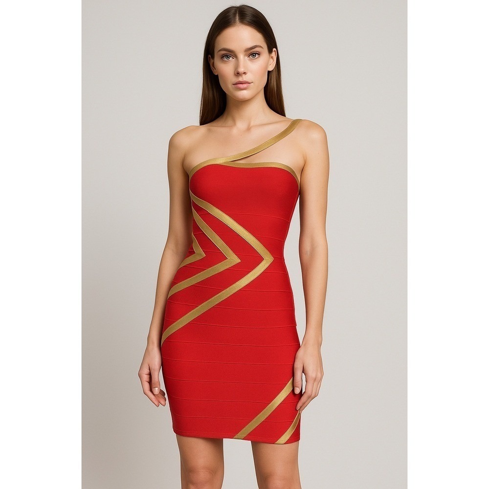 Bebe Red Bandage One Shoulder Mini Dress Gold Chevron Detail XS